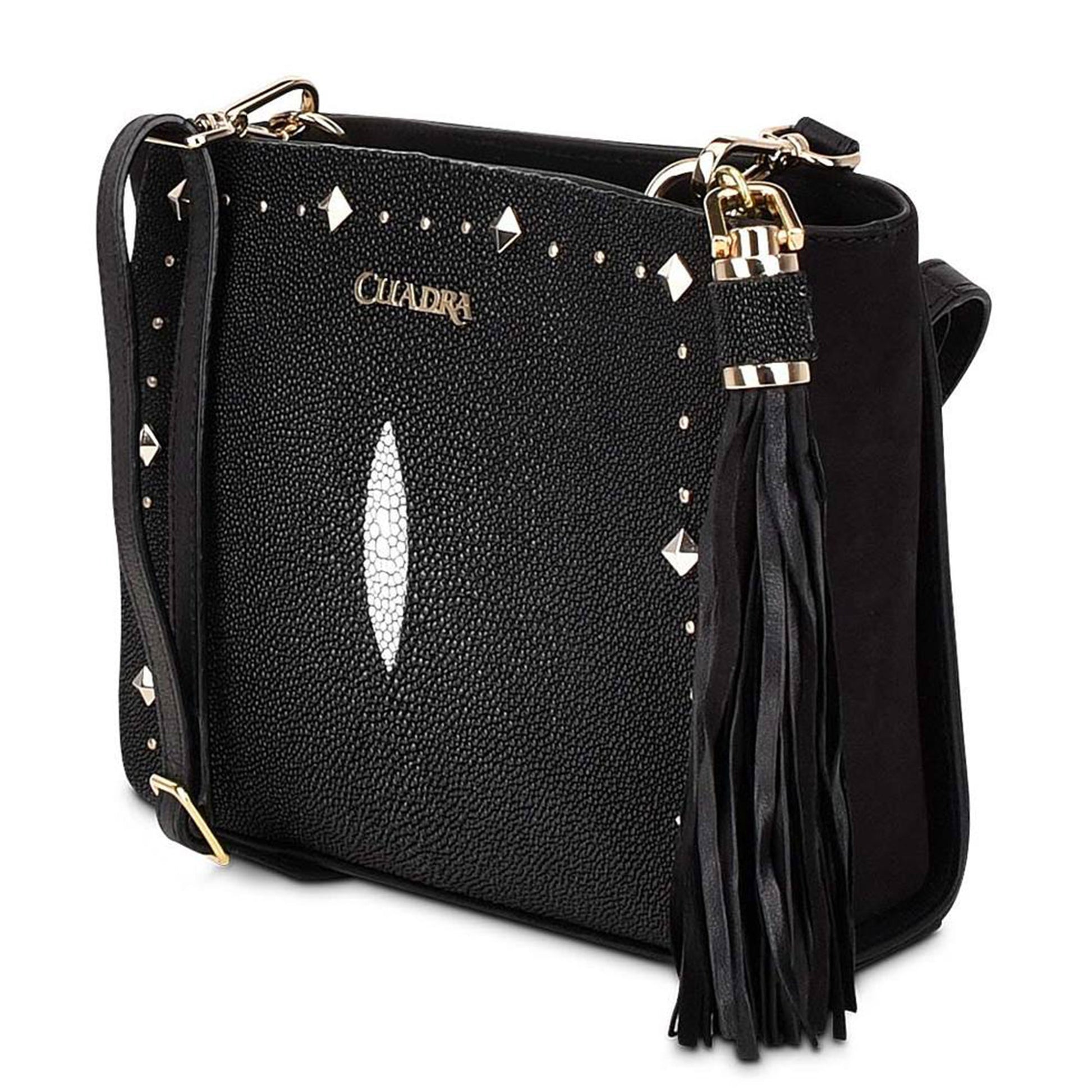 The front of the bag perfectly frames the stingray leather with fine metallic studs