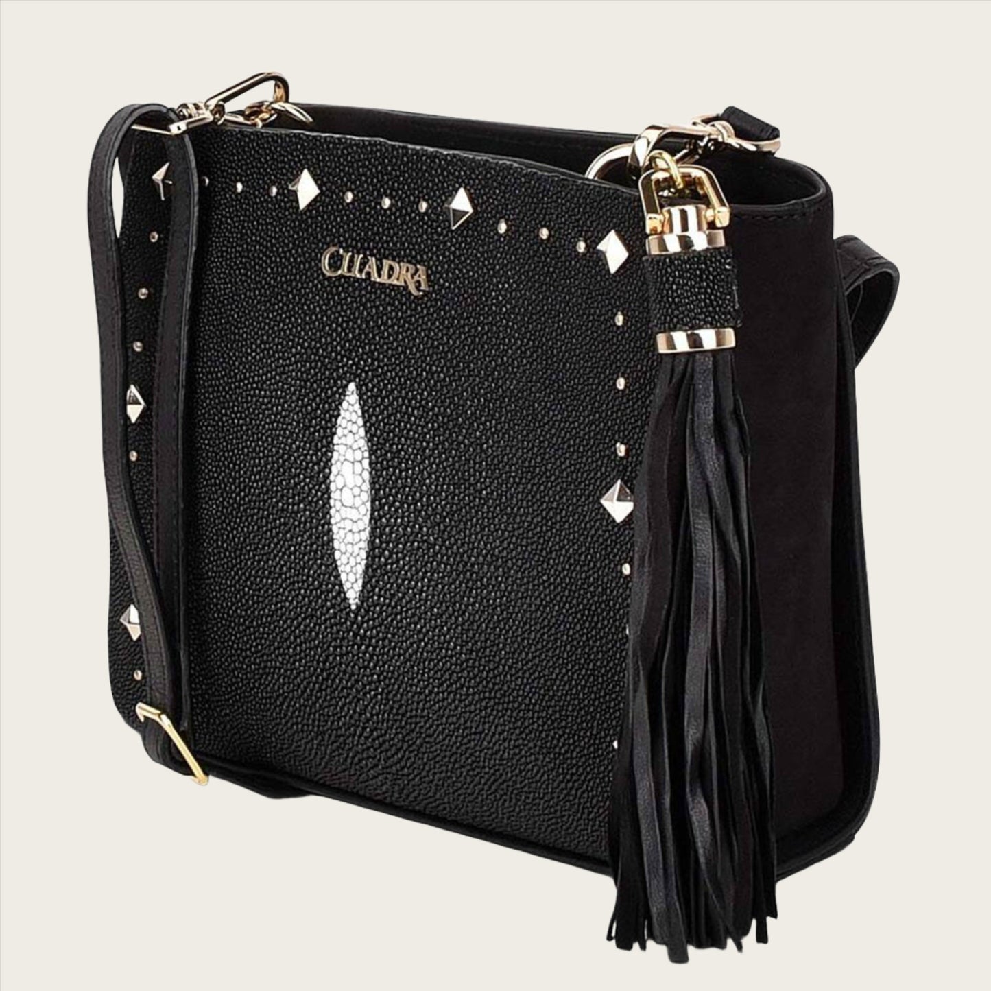 Black stingray cross body bag,black leather bag,black shagreen bag,black  leather shoulder bag,black leather purse: Handbags