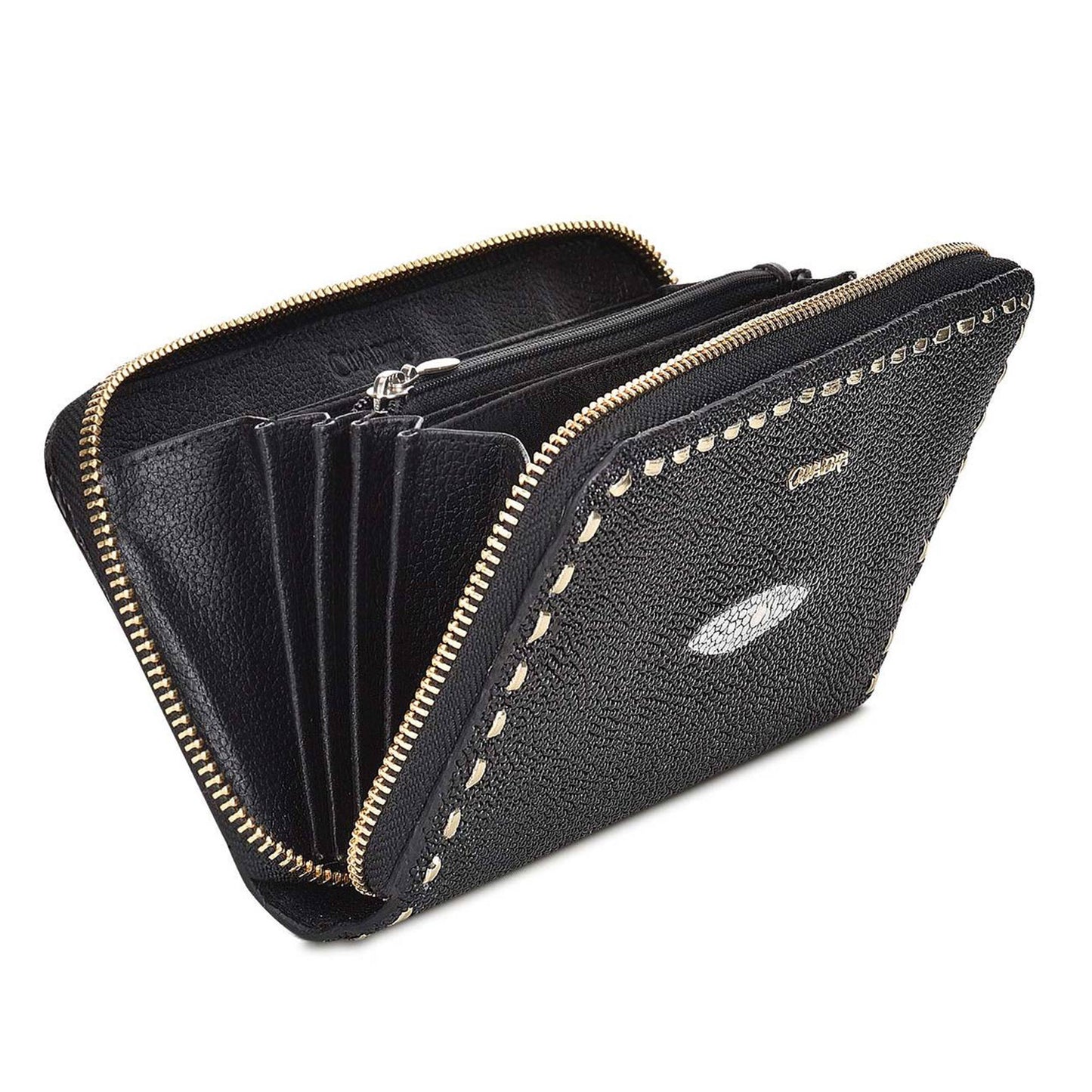 Inside the wallet, four spacious compartments for cash and eight card slots.