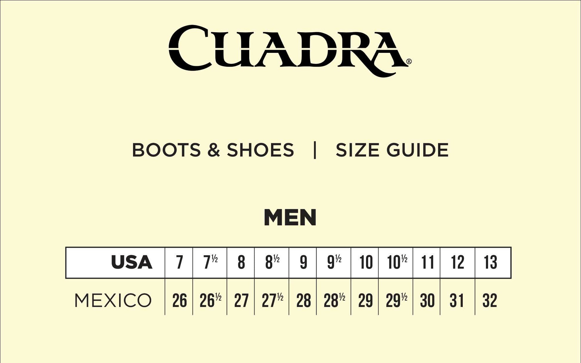 Size chart for our Cuadra Boots