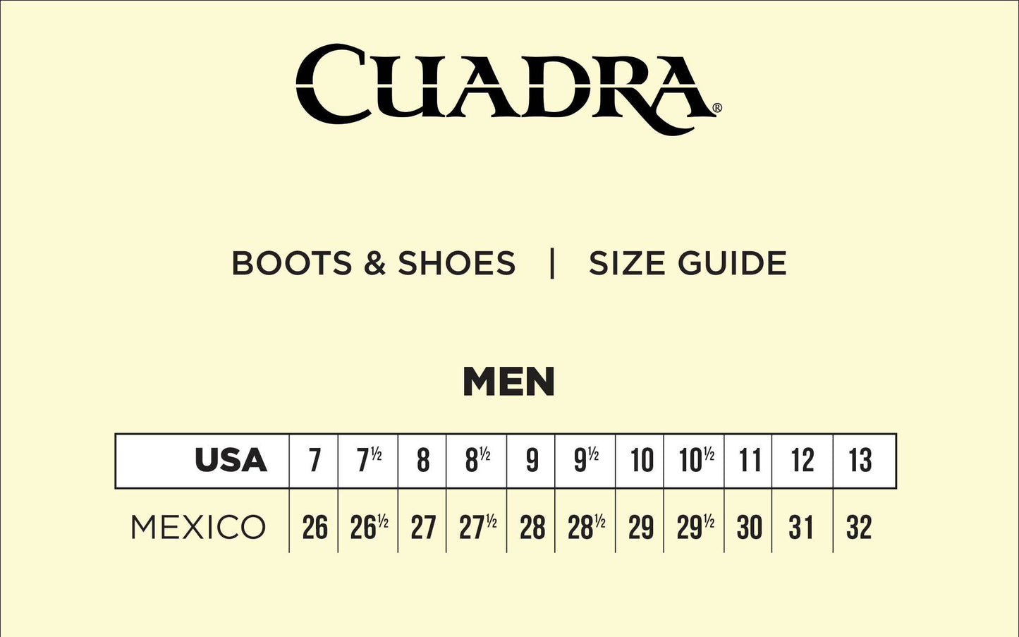 Cuadra's men's boots size guide 