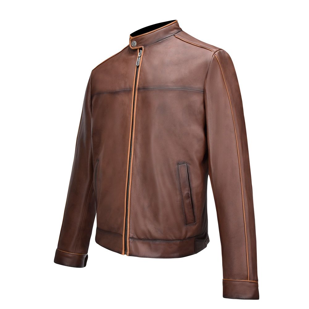 Minimalist brown leather jacket with front closures and side pockets