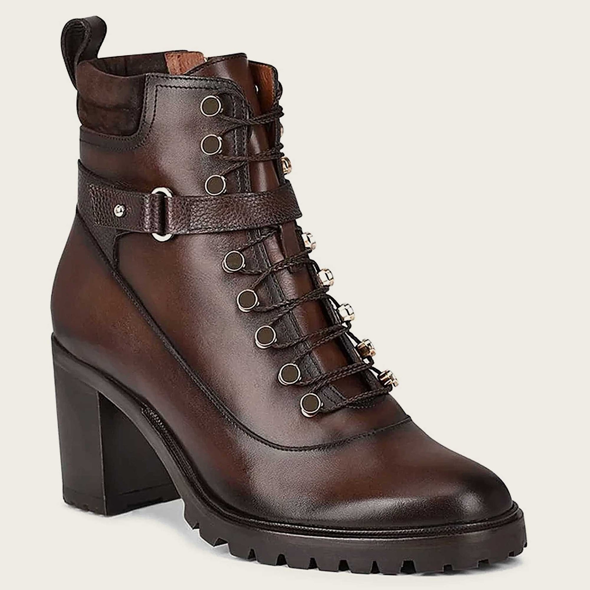 Stylish Inca brown leather bootie with a modern design, perfect for any occasion.